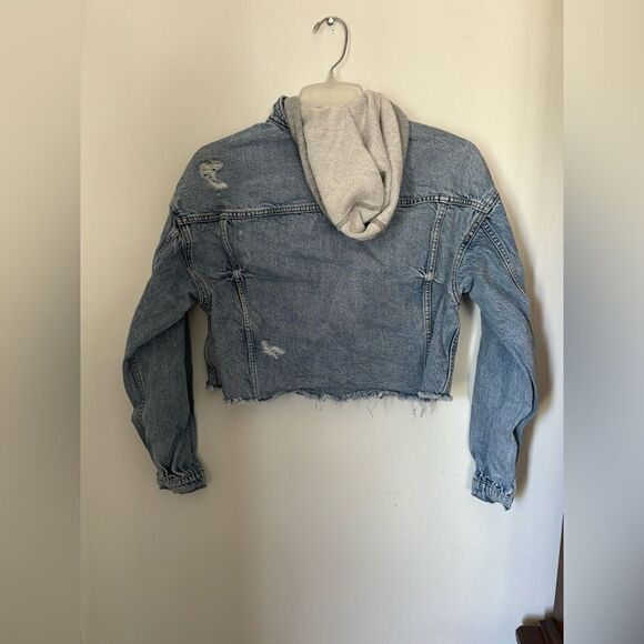 American eagle cropped distressed denim jacket with hood XS - Picture 15 of 16